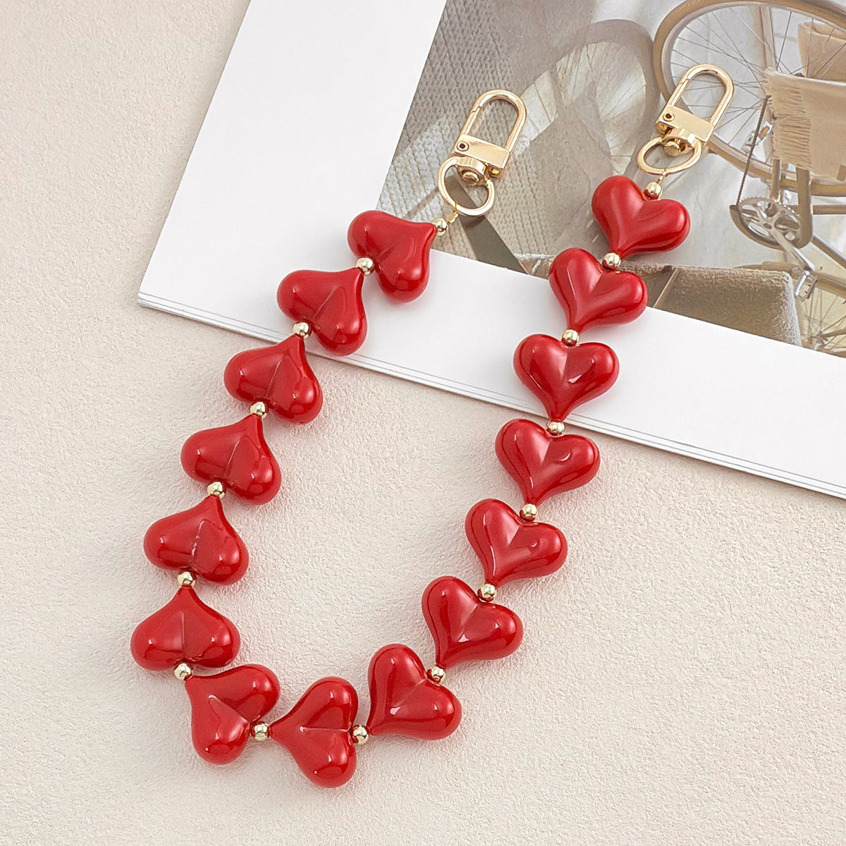 Fashionable Mist Acrylic Peach Phone Lanyard Valentine's Day Gift Heart-Shaped Handmade Bead Protection Phone Chain