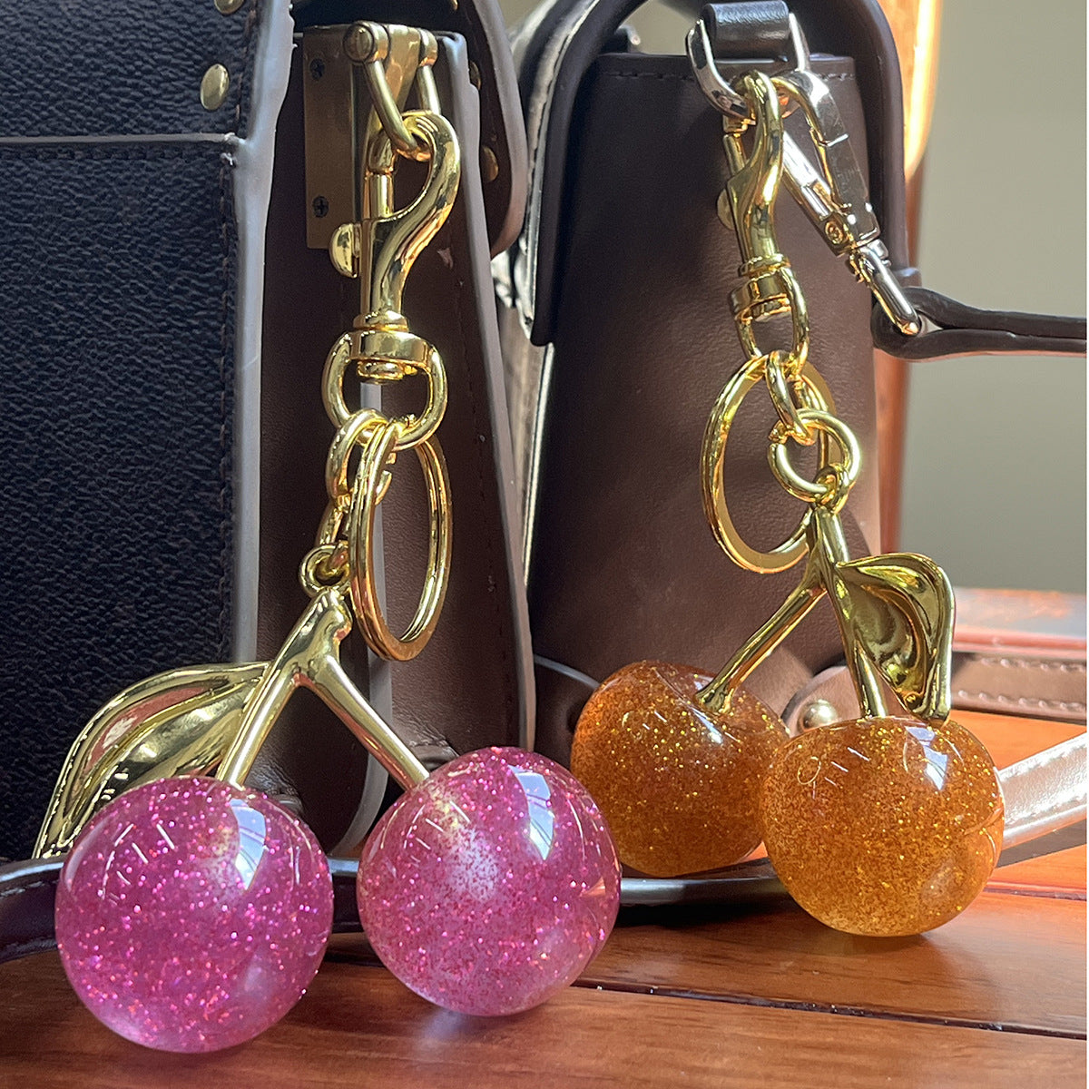 Cross-border hot sale cherry bag pendant, keychain, flash, pink hanger, car keychain, resin accessories, bag hanger
