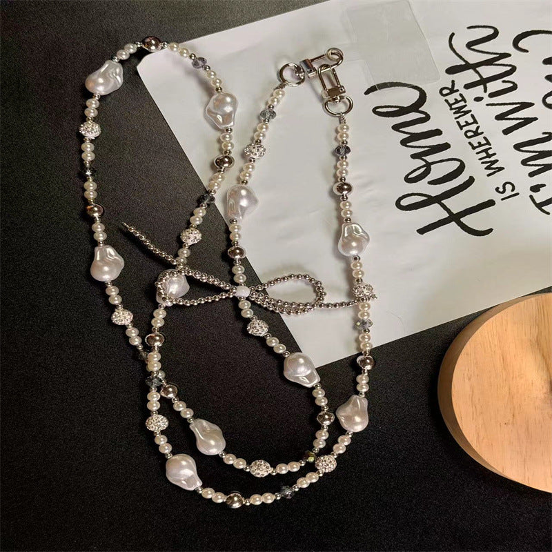 Silver pearl bow diamond ball phone chain, can be worn crossbody, can be worn around the neck, camera chain bag pendant for women