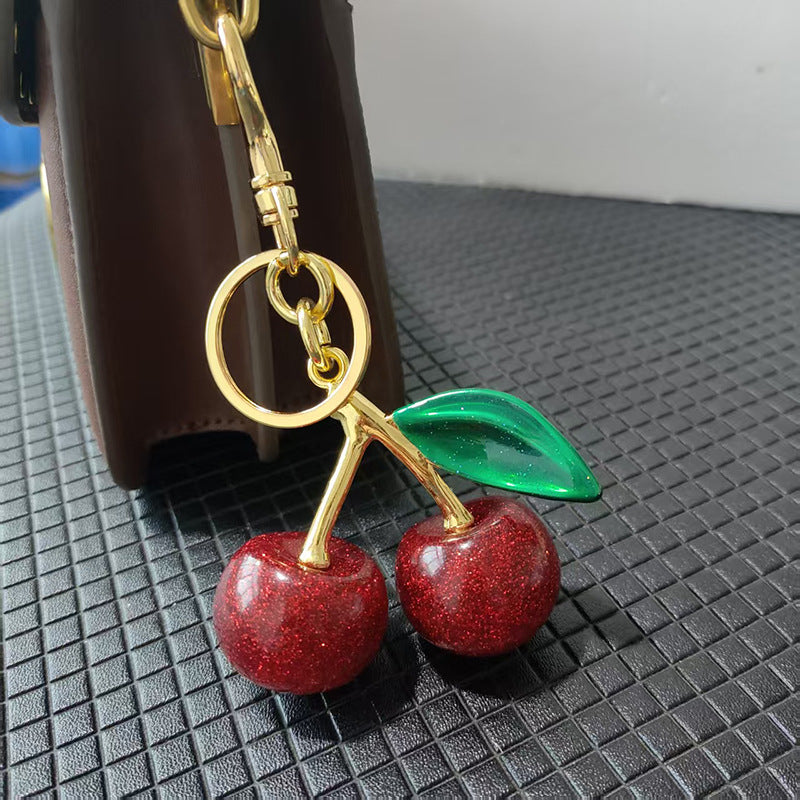 Cross-border hot sale cherry bag pendant, keychain, flash, pink hanger, car keychain, resin accessories, bag hanger
