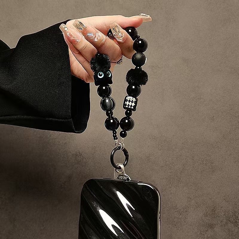 Niche premium black plush cat mobile phone lanyard beaded bracelet wrist strap car key chain bag pendant