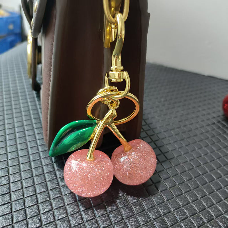 Cross-border hot sale cherry bag pendant, keychain, flash, pink hanger, car keychain, resin accessories, bag hanger