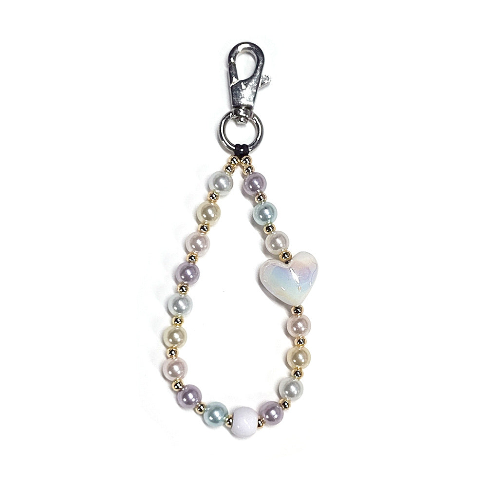 Women's bag keychain, wristband, keychain, versatile INS style acrylic heart white cloud bead phone chain