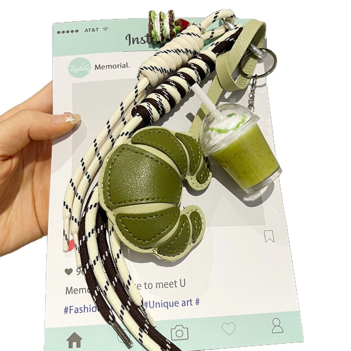 Cross-border spring/summer new leather croissant woven keychains, multi-color coffee cup carabiner bag pendant wholesale