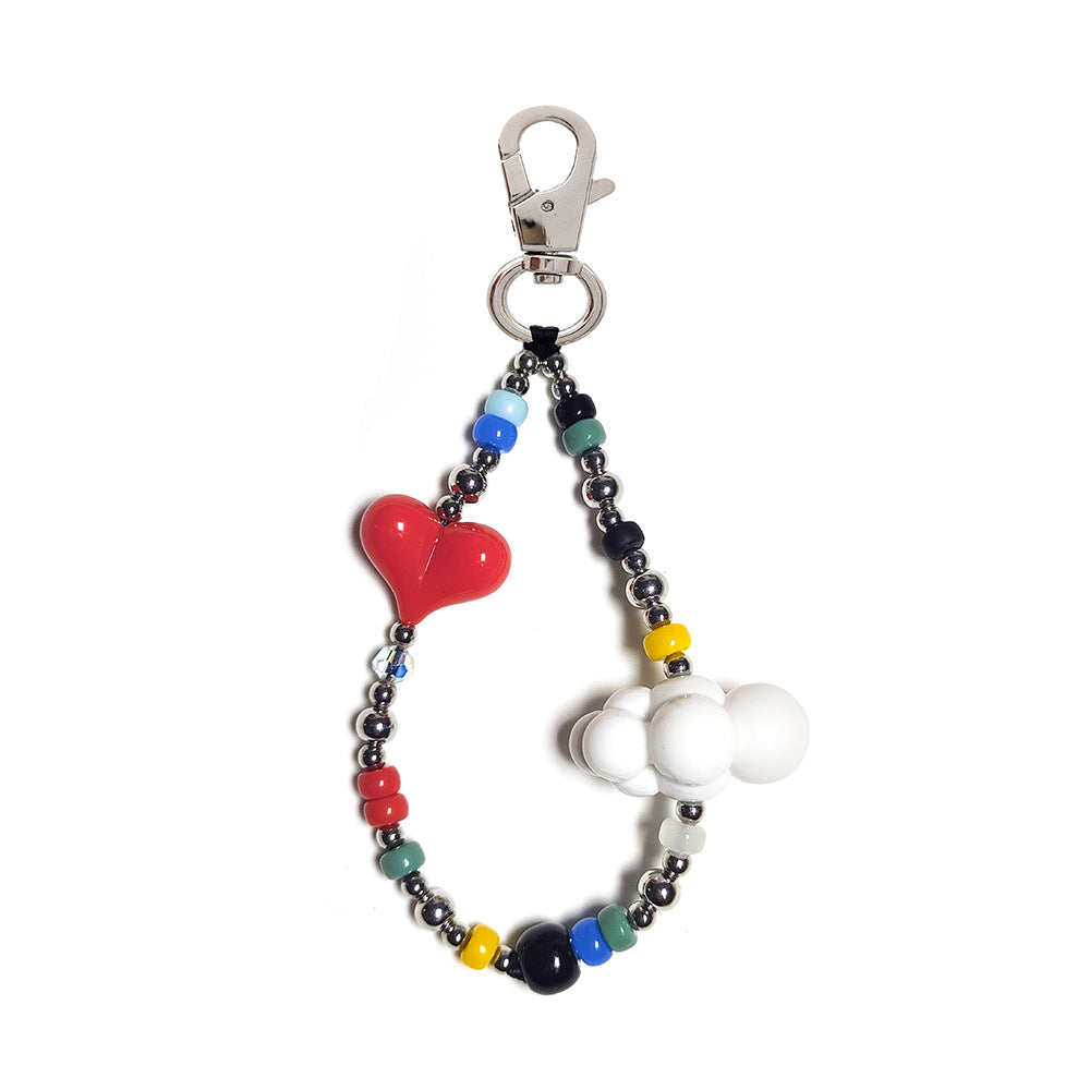 Women's bag keychain, wristband, keychain, versatile INS style acrylic heart white cloud bead phone chain