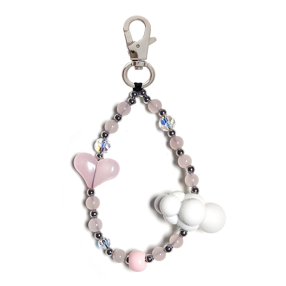 Women's bag keychain, wristband, keychain, versatile INS style acrylic heart white cloud bead phone chain
