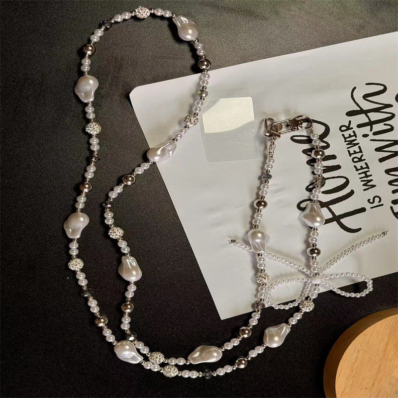 Silver pearl bow diamond ball phone chain, can be worn crossbody, can be worn around the neck, camera chain bag pendant for women