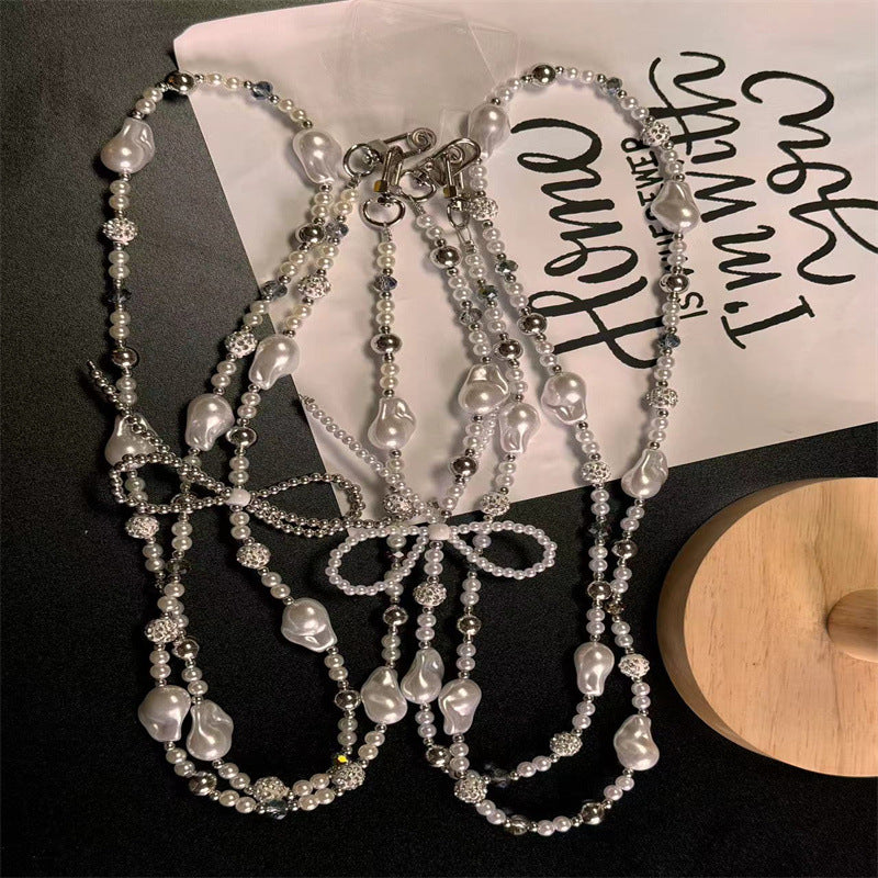 Silver pearl bow diamond ball phone chain, can be worn crossbody, can be worn around the neck, camera chain bag pendant for women