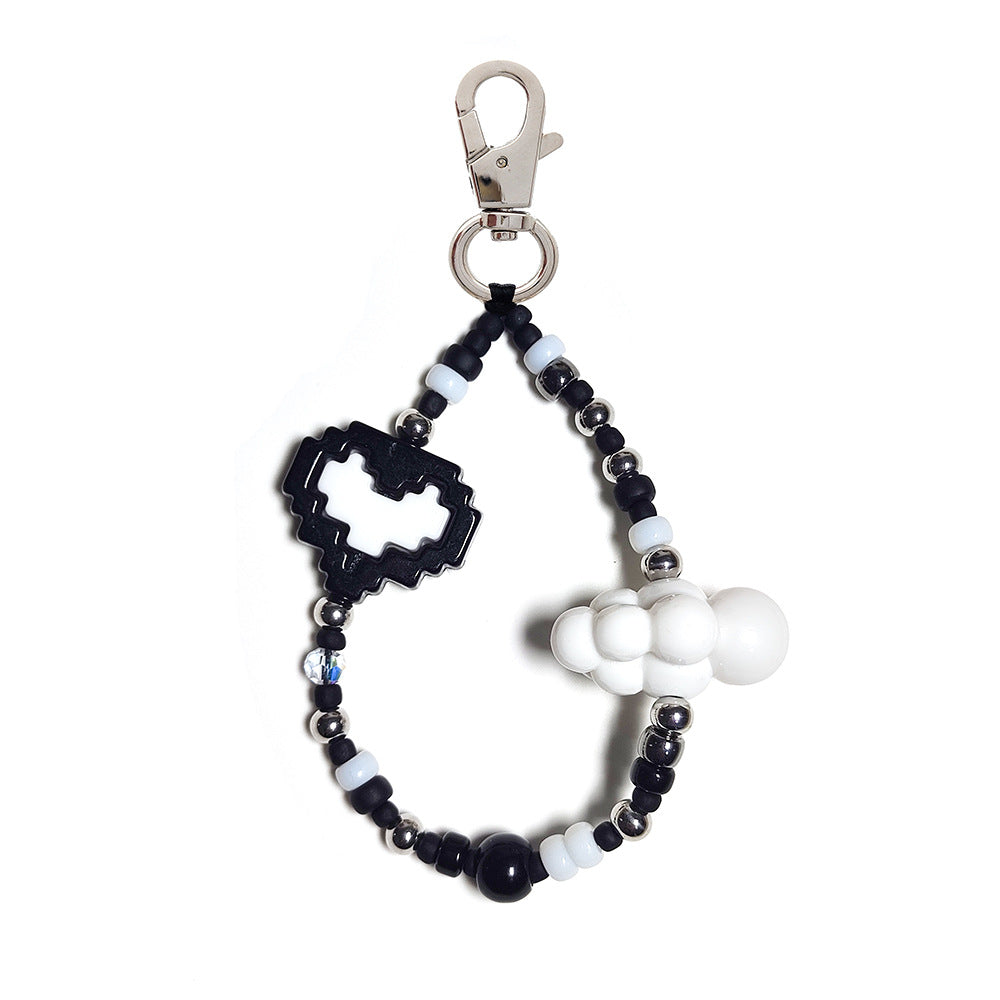 Women's bag keychain, wristband, keychain, versatile INS style acrylic heart white cloud bead phone chain