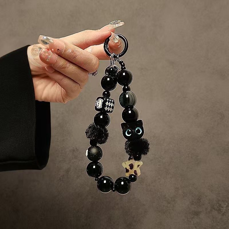 Niche premium black plush cat mobile phone lanyard beaded bracelet wrist strap car key chain bag pendant