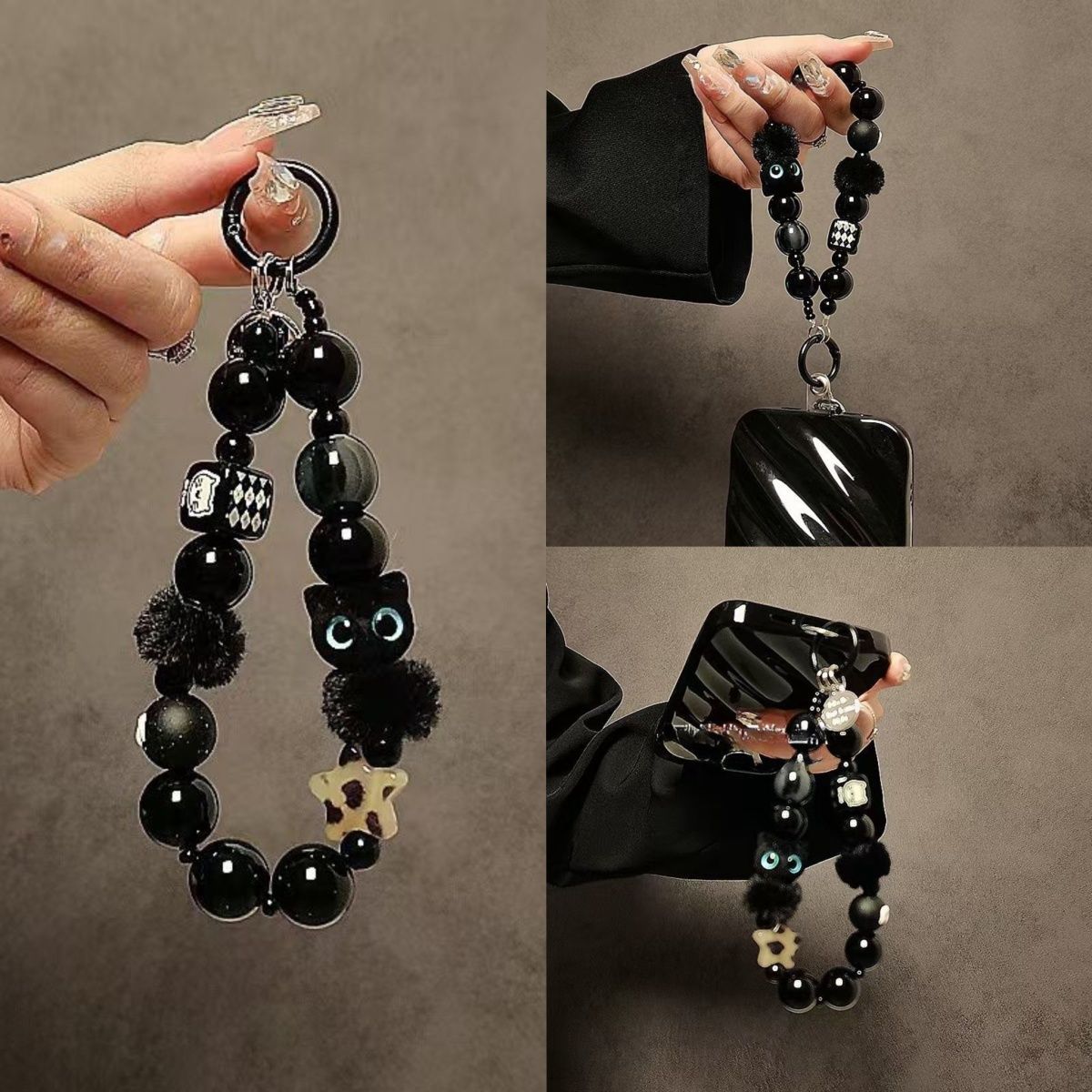 Niche premium black plush cat mobile phone lanyard beaded bracelet wrist strap car key chain bag pendant