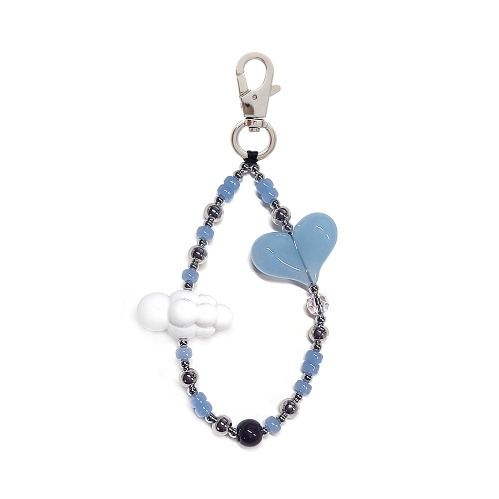 Women's bag keychain, wristband, keychain, versatile INS style acrylic heart white cloud bead phone chain