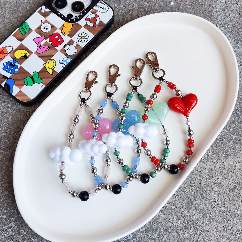 Women's bag keychain, wristband, keychain, versatile INS style acrylic heart white cloud bead phone chain