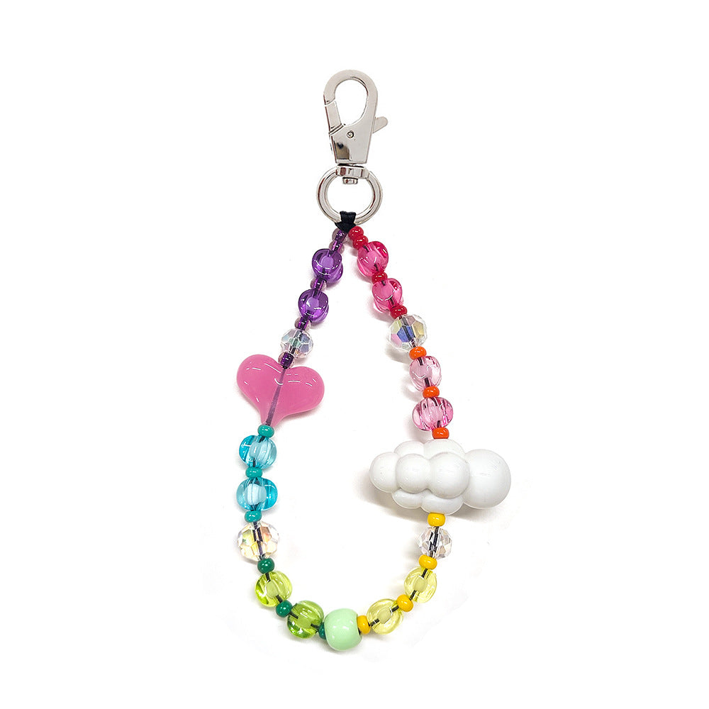 Women's bag keychain, wristband, keychain, versatile INS style acrylic heart white cloud bead phone chain