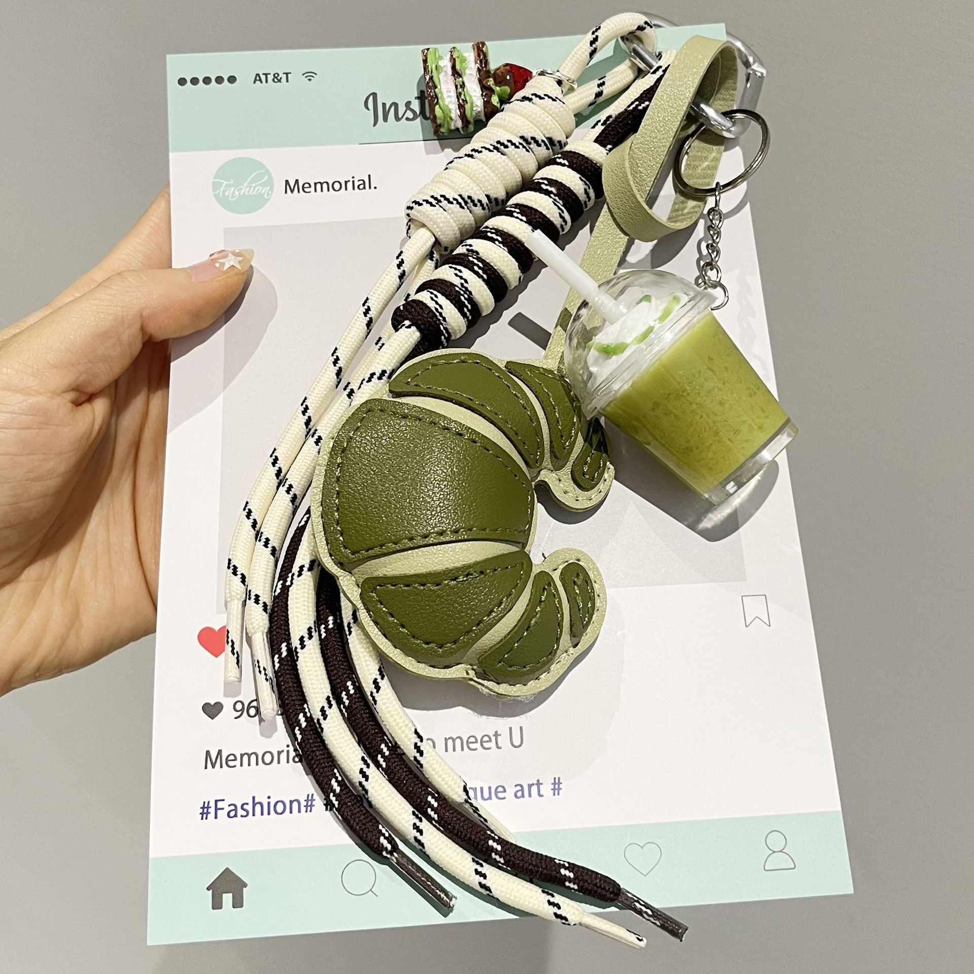 Cross-border spring/summer new leather croissant woven keychains, multi-color coffee cup carabiner bag pendant wholesale