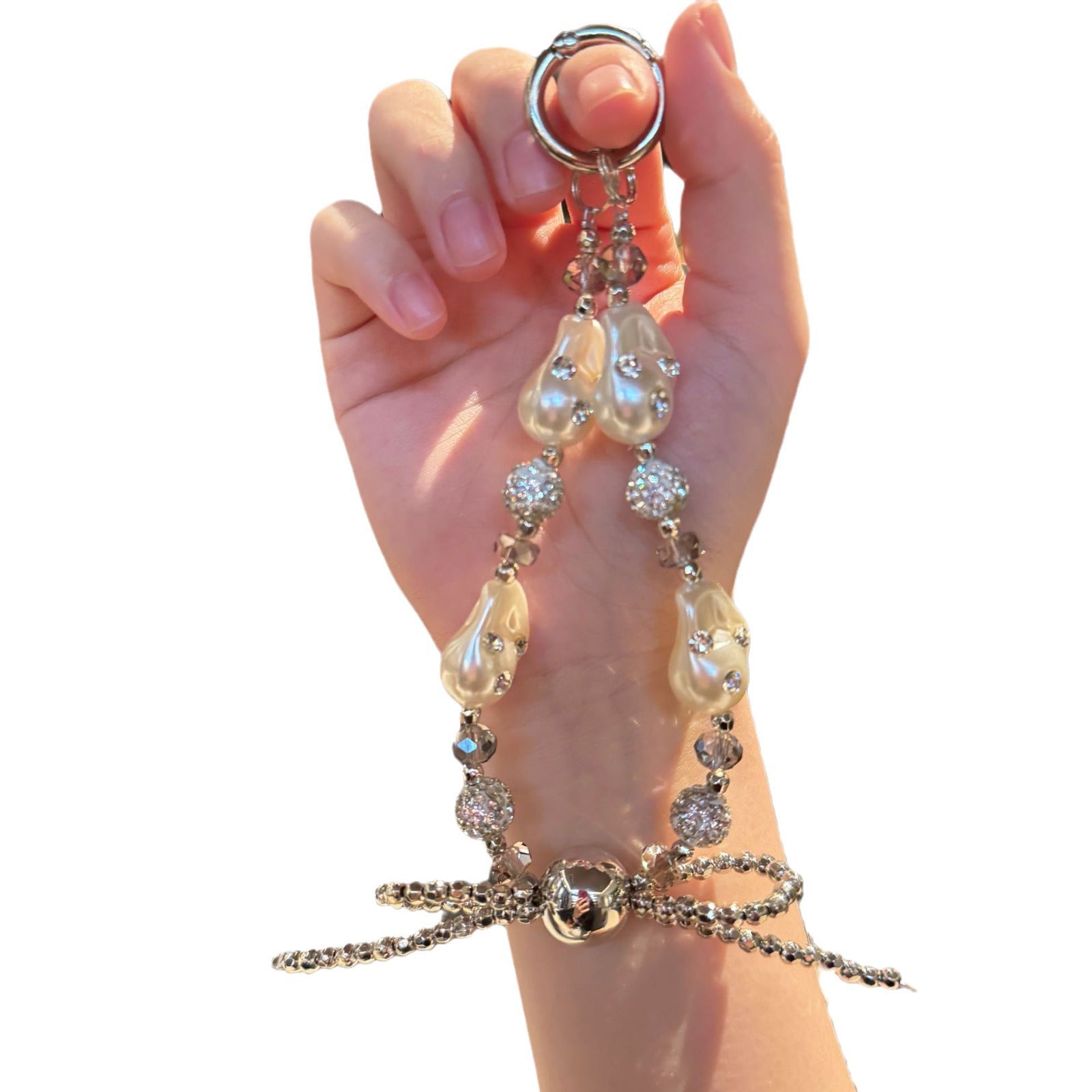 ins high-end super flash diamond keychain pendant versatile anti-drop chain special-shaped pearl bow pendant mobile phone