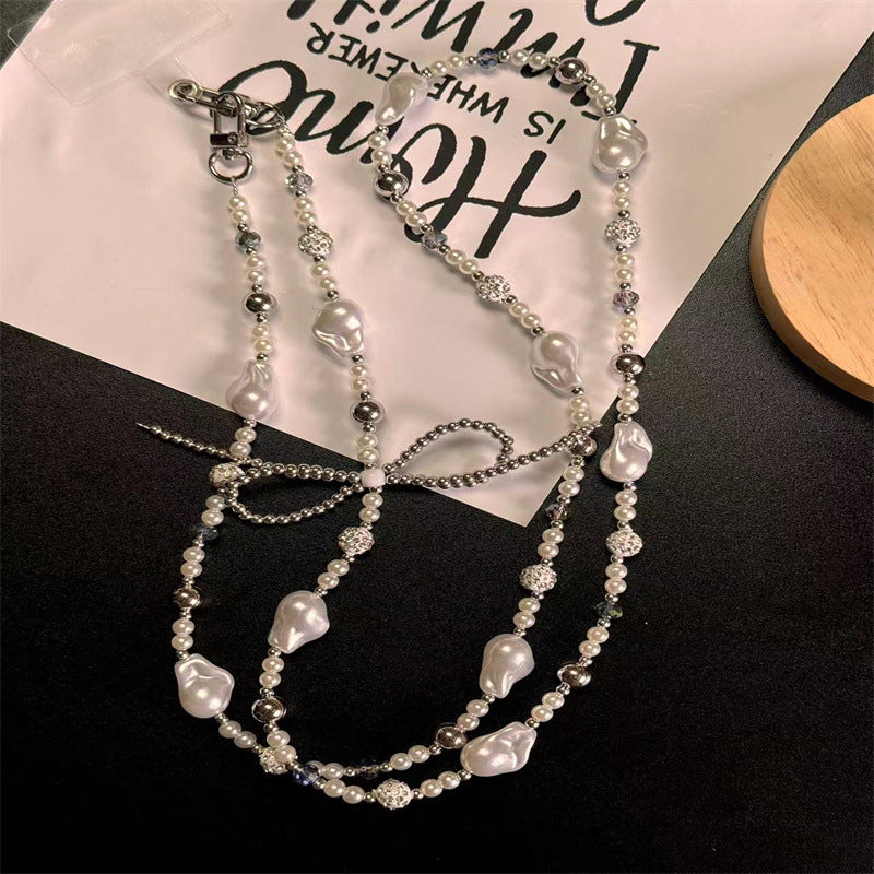 Silver pearl bow diamond ball phone chain, can be worn crossbody, can be worn around the neck, camera chain bag pendant for women