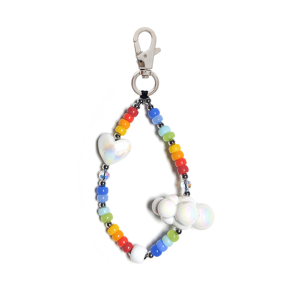 Women's bag keychain, wristband, keychain, versatile INS style acrylic heart white cloud bead phone chain