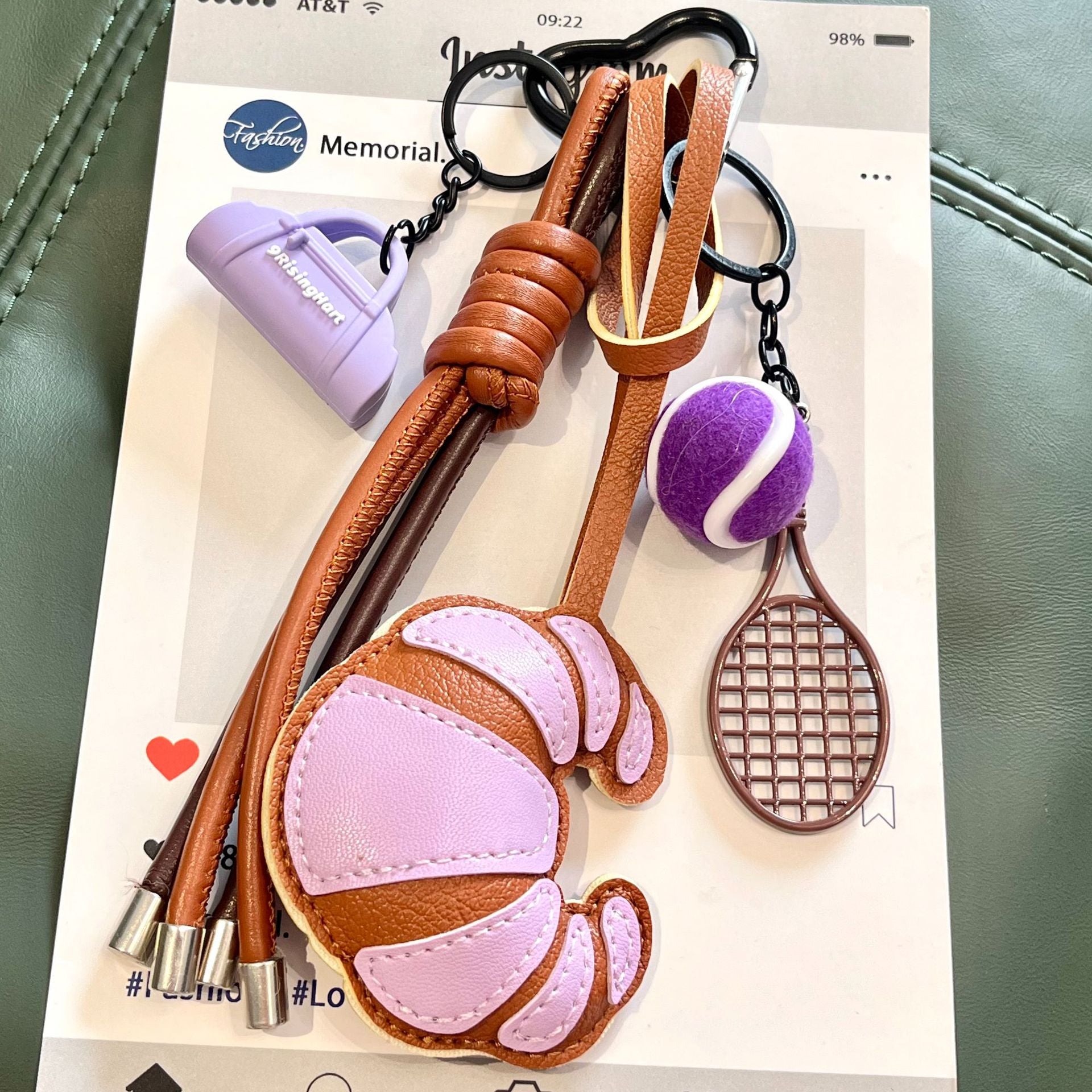 Cross-border spring/summer new leather croissant woven keychains, multi-color coffee cup carabiner bag pendant wholesale