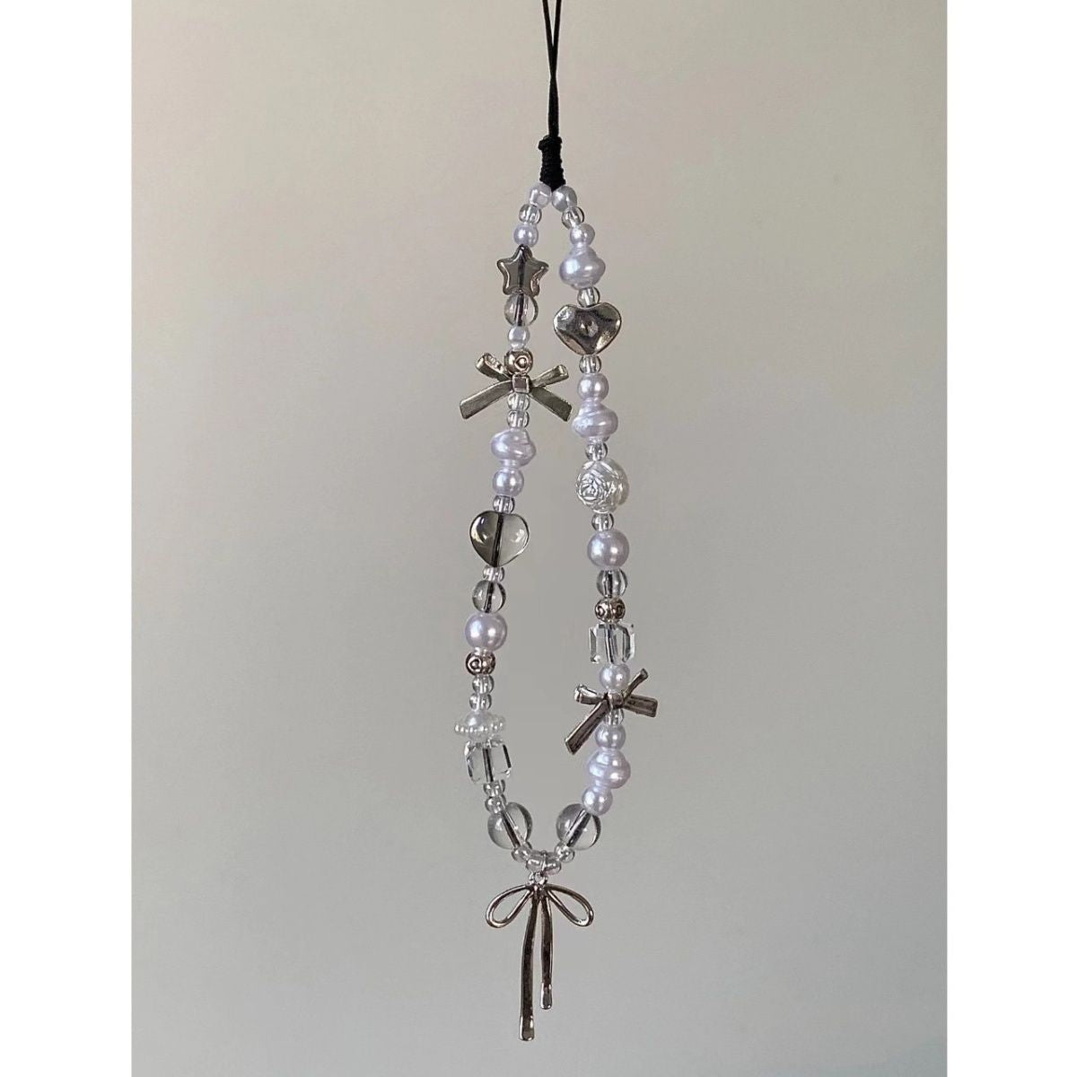 Silver bow pendant mobile phone short lanyard creative white mobile phone chain pearl lanyard accessories bag decoration