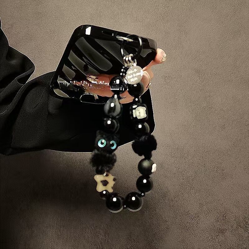 Niche premium black plush cat mobile phone lanyard beaded bracelet wrist strap car key chain bag pendant