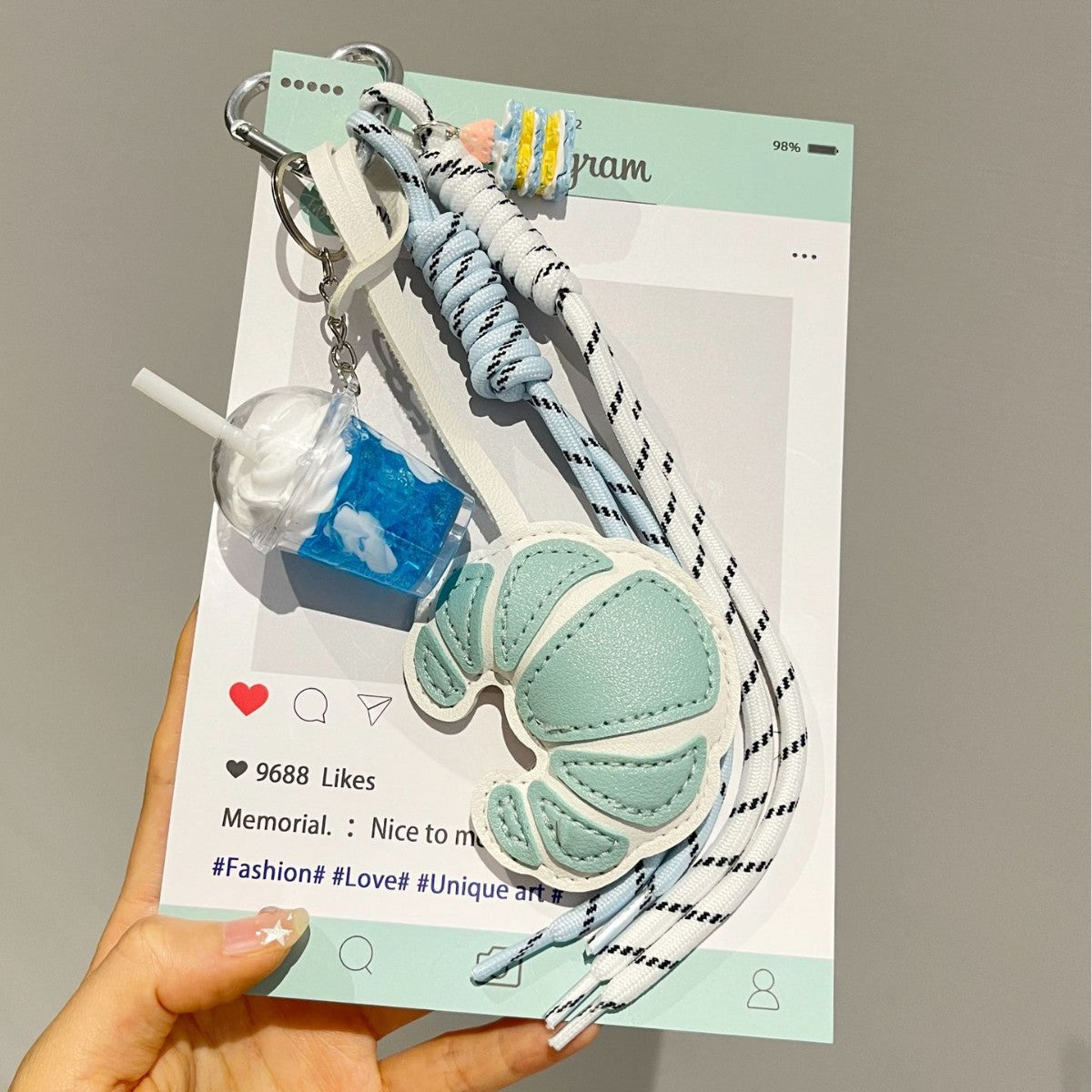Cross-border spring/summer new leather croissant woven keychains, multi-color coffee cup carabiner bag pendant wholesale