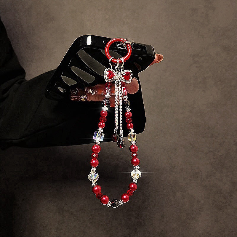 Luxurious high-end tassel bow crystal phone chain, lanyard, key bag, pendant, women's anti-handrail
