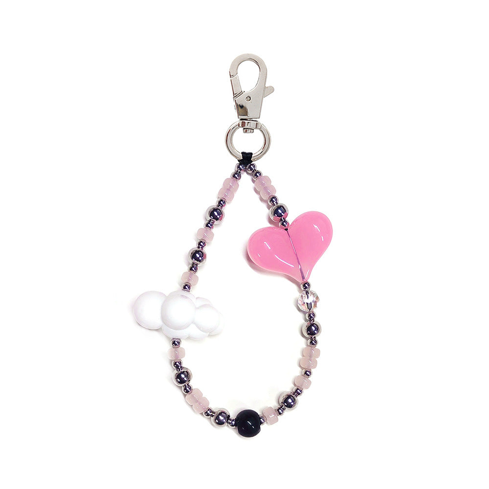 Women's bag keychain, wristband, keychain, versatile INS style acrylic heart white cloud bead phone chain