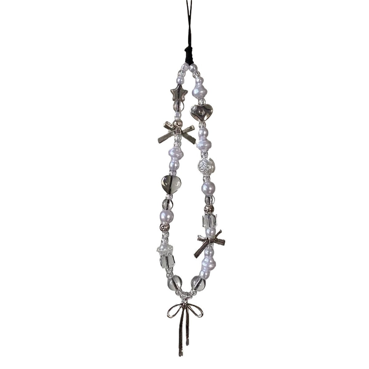 Silver bow pendant mobile phone short lanyard creative white mobile phone chain pearl lanyard accessories bag decoration