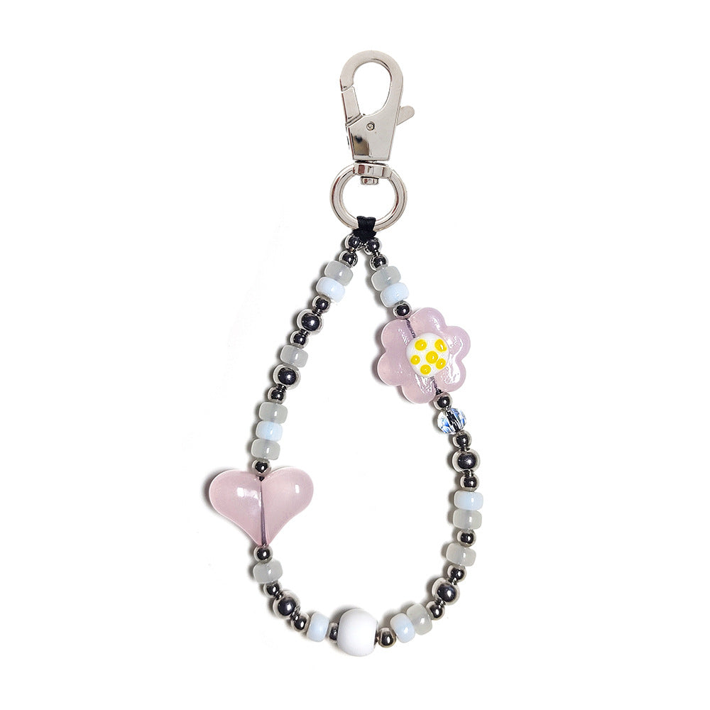 Women's bag keychain, wristband, keychain, versatile INS style acrylic heart white cloud bead phone chain