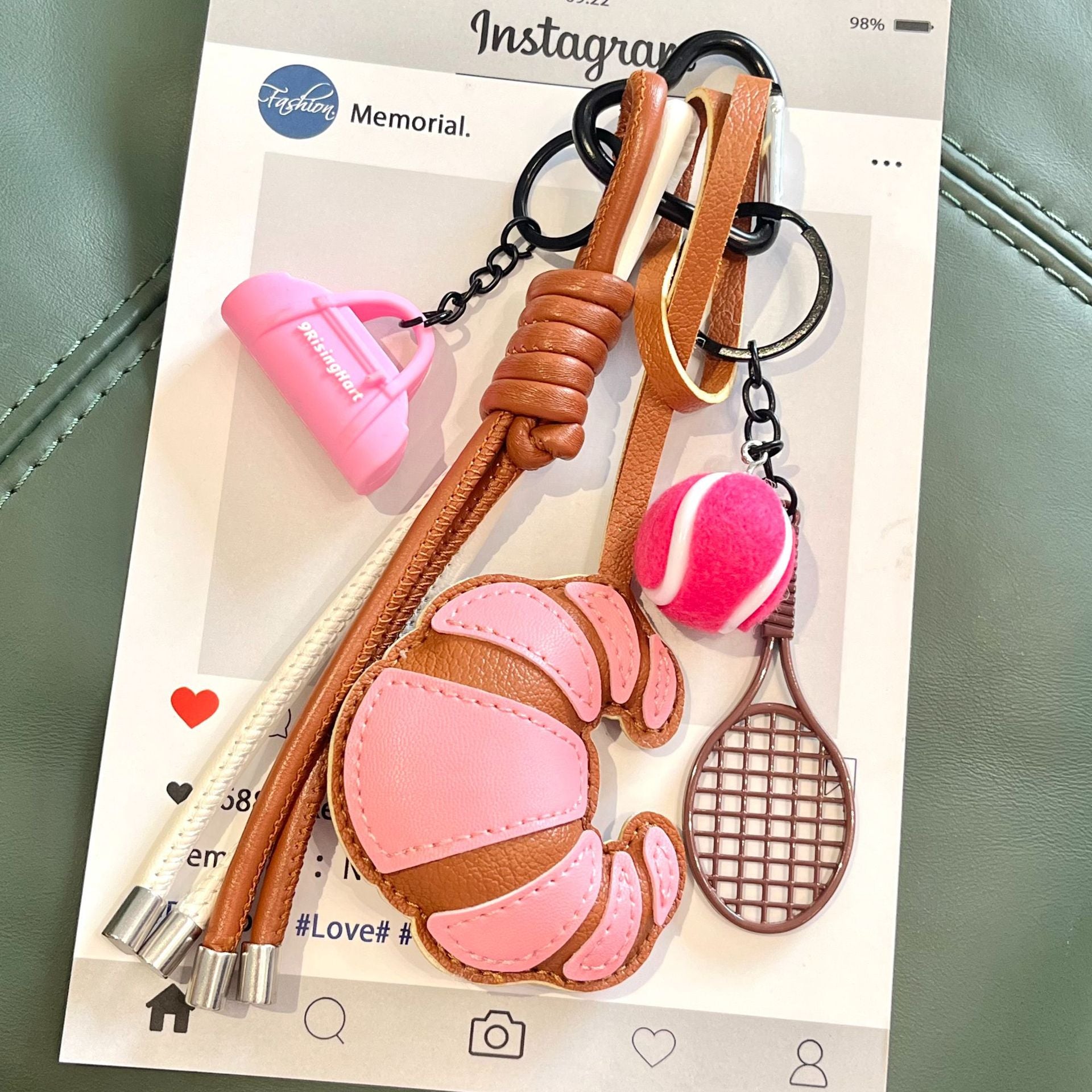 Cross-border spring/summer new leather croissant woven keychains, multi-color coffee cup carabiner bag pendant wholesale